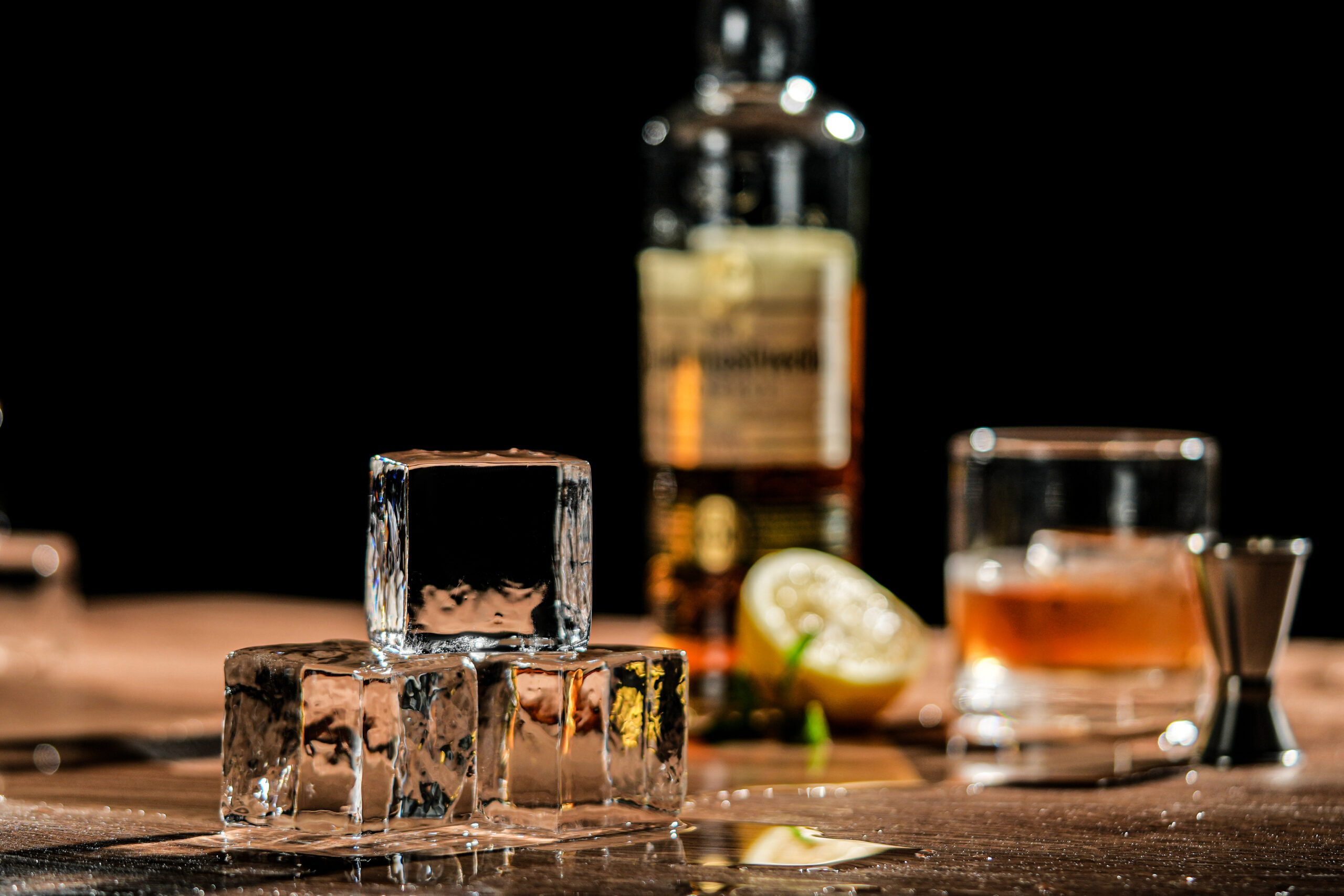 clear ice and whiskey